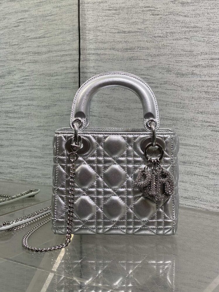 Túi D• ior lady mini da ánh kim charm 3D