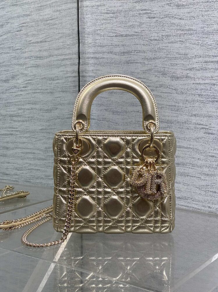 Túi D• ior lady mini da ánh kim charm 3D