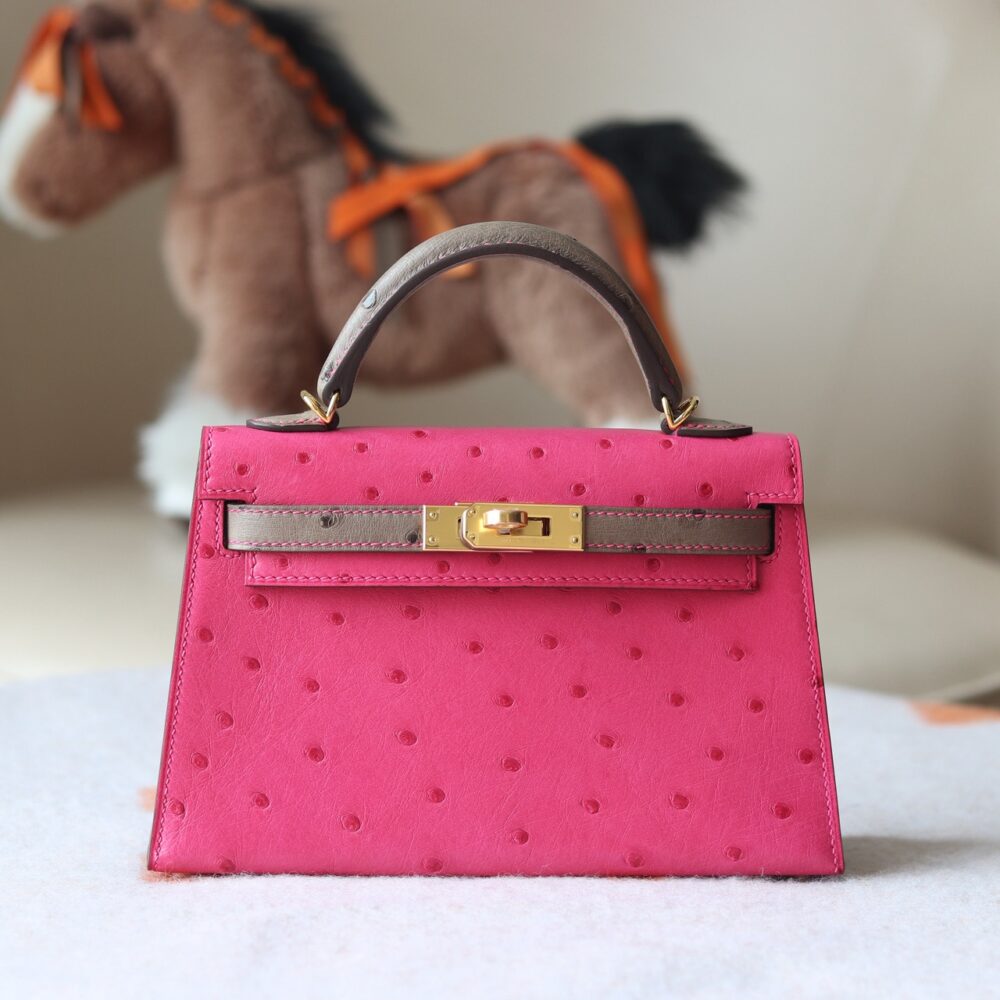 V ip Túi H• ermes KL Mini II ostrich Tricolor 5J Fuschia pink M8 Gris Asphalt